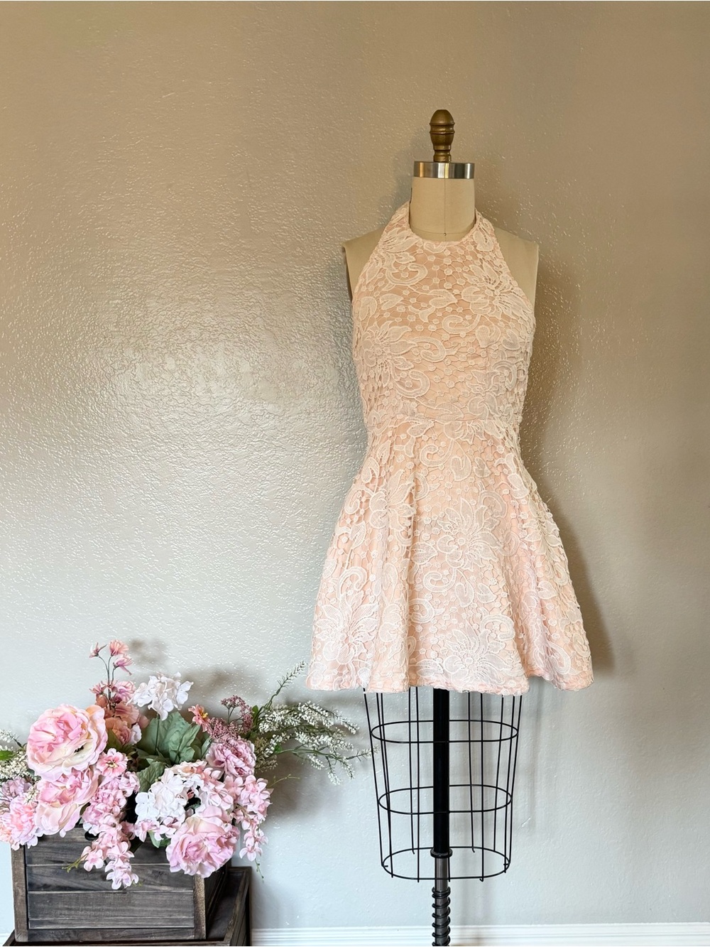 Lace Halter Fit & Flare Dress in Blush Pink